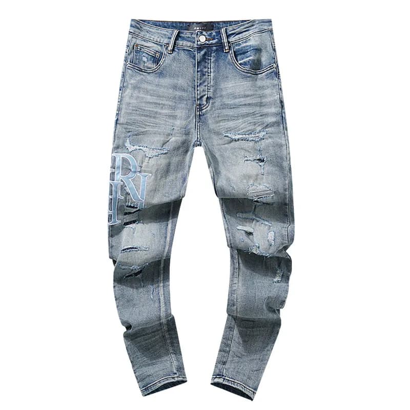 Amiri Distressed Slim Fit Jeans Ripped Logo Wash