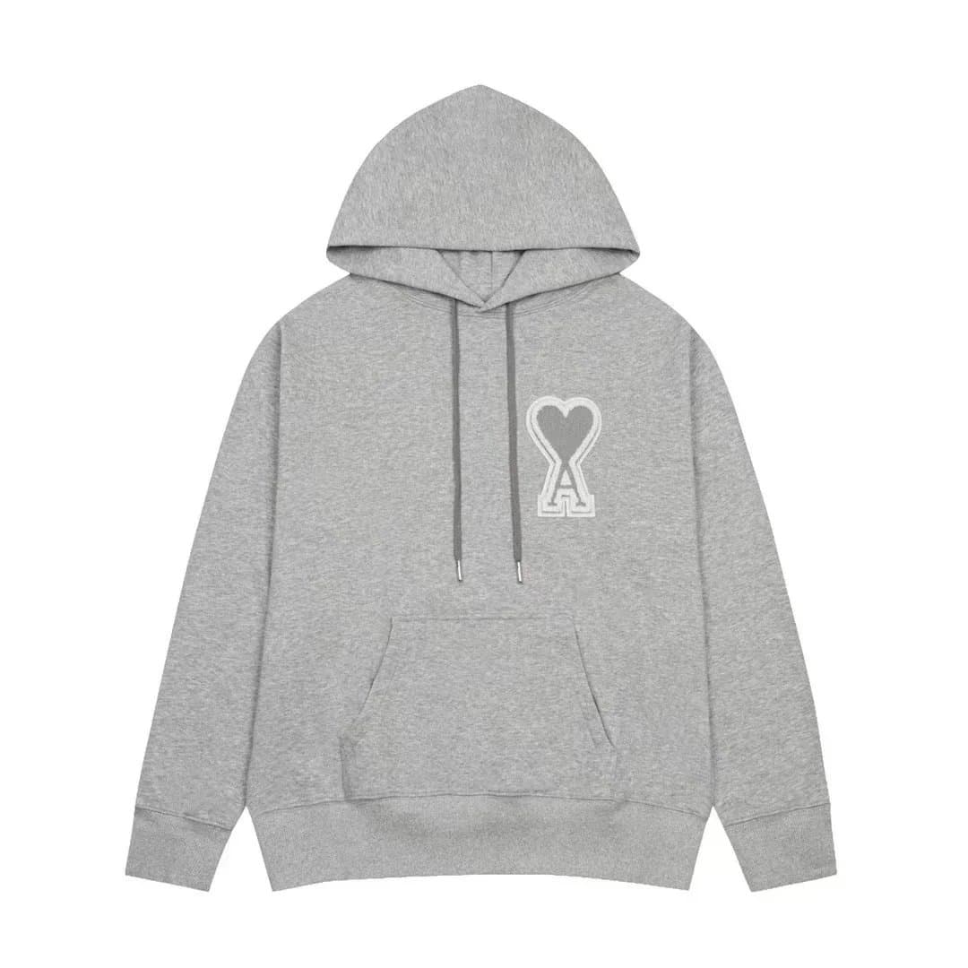AMI Paris Heart Logo Hoodie Heather Grey