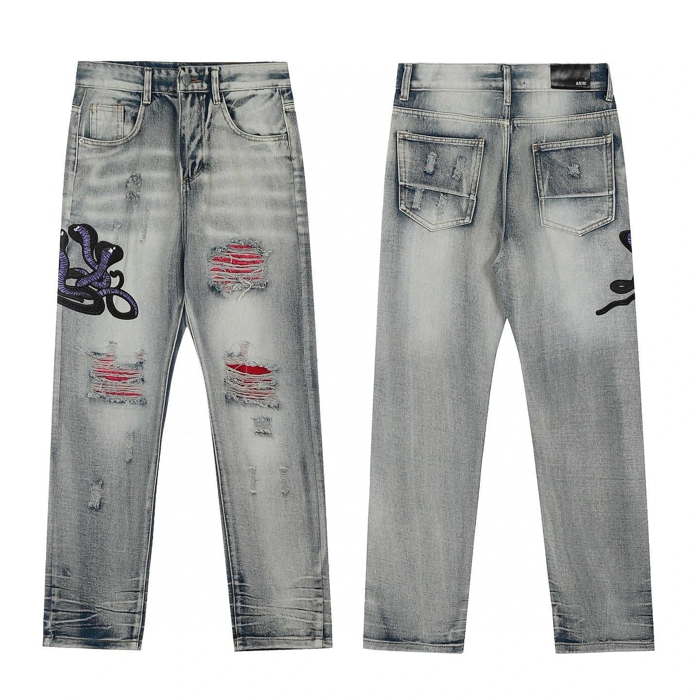 Amiri Distressed Jeans Snake Embroidery