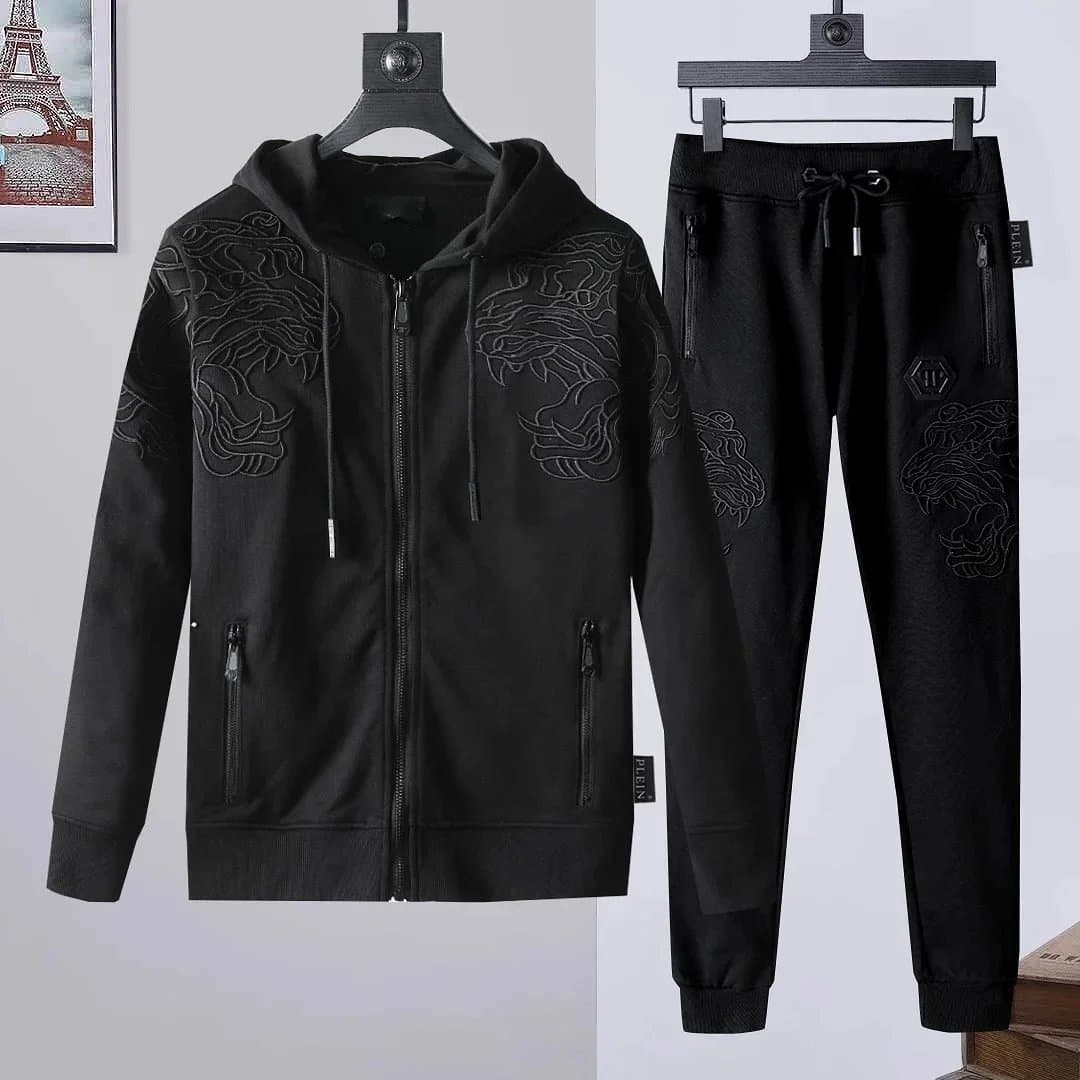 Philipp Plein Zip-Up Hoodie and Joggers Set Embroidered Dragon