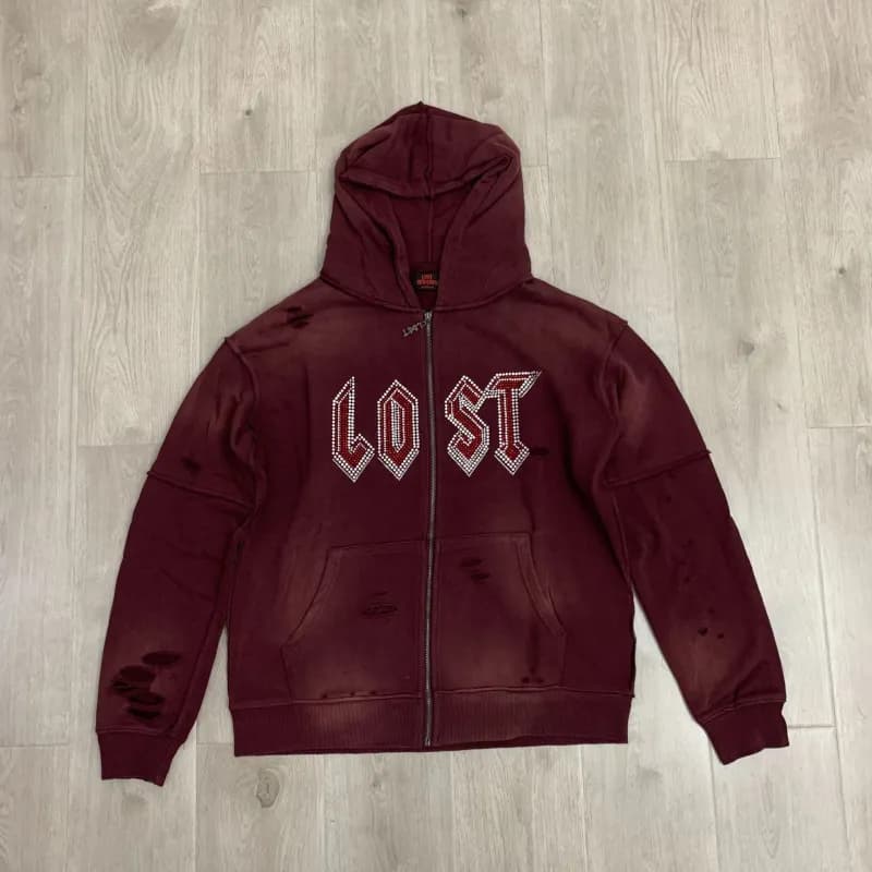 Zip-Up Hoodie Distressed 'LOST' Rhinestone