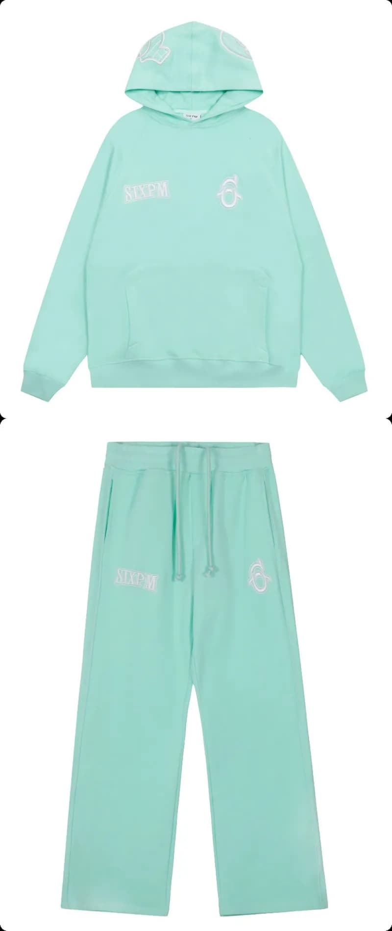 Corteiz Cropped Hoodie & Wide-leg Joggers Set White Script Logo — Turquoise suit