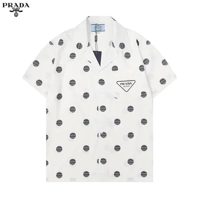 Prada Short-Sleeve Shirt Logo Pocket — 29白色圆点衬衫