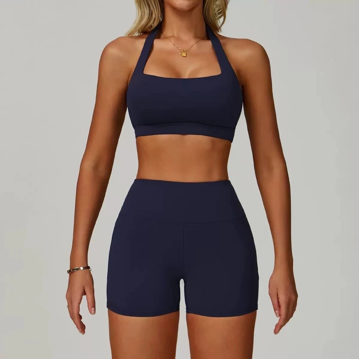 Lululemon Halter Sports Bra & High-Waisted Shorts Solid Navy