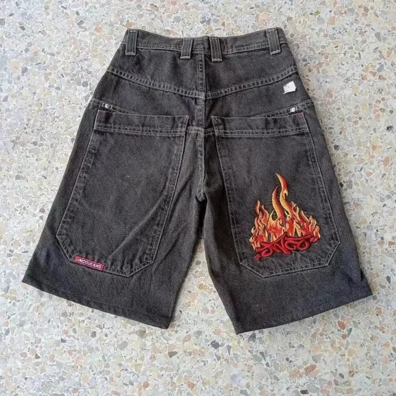 Denim Shorts Flame Embroidery