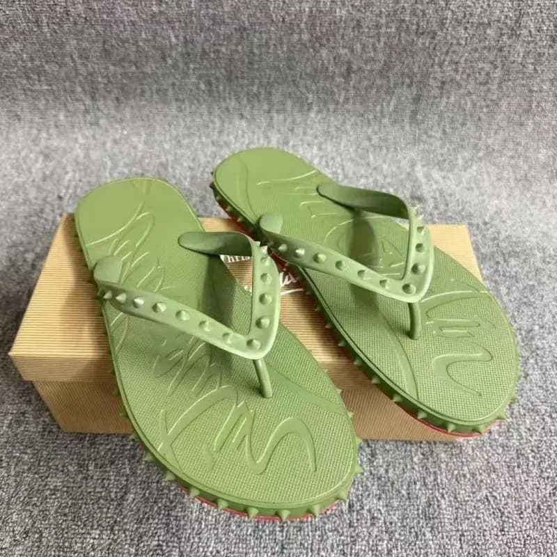Christian Louboutin Spiky Flip-Flop Olive Green with Red Sole