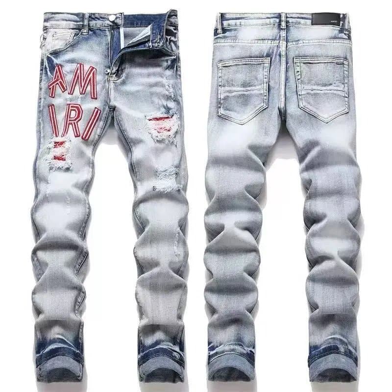 Amiri Distressed Jeans Red Logo Embroidery — 26
