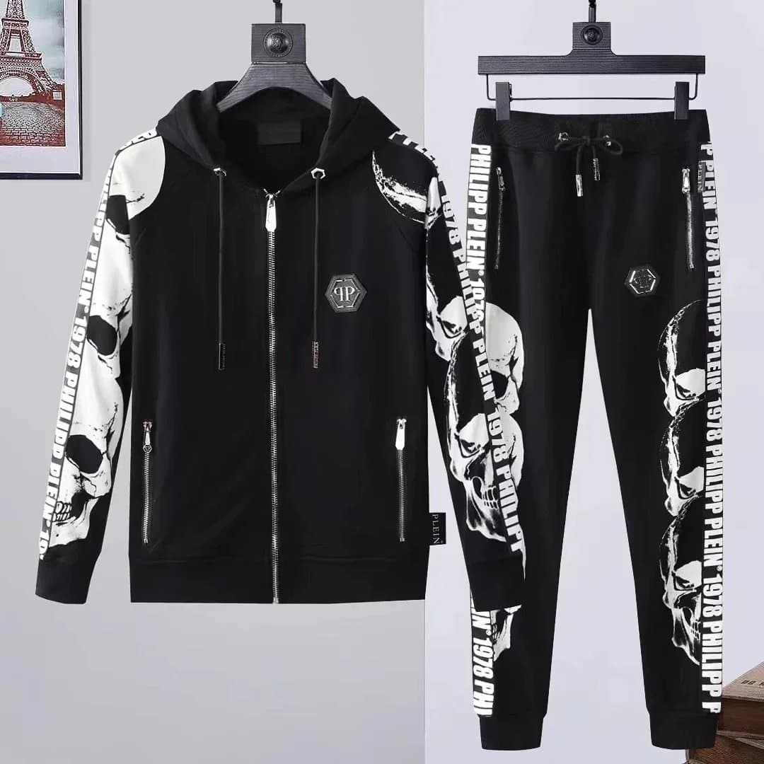 Philipp Plein Skull Print Hoodie and Joggers Set Skull & Logo Tape