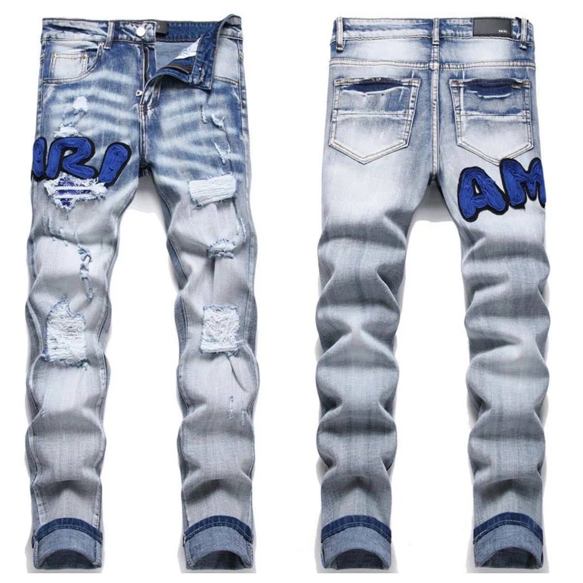 Amiri Distressed Slim Fit Jeans Blue Patchwork Logo