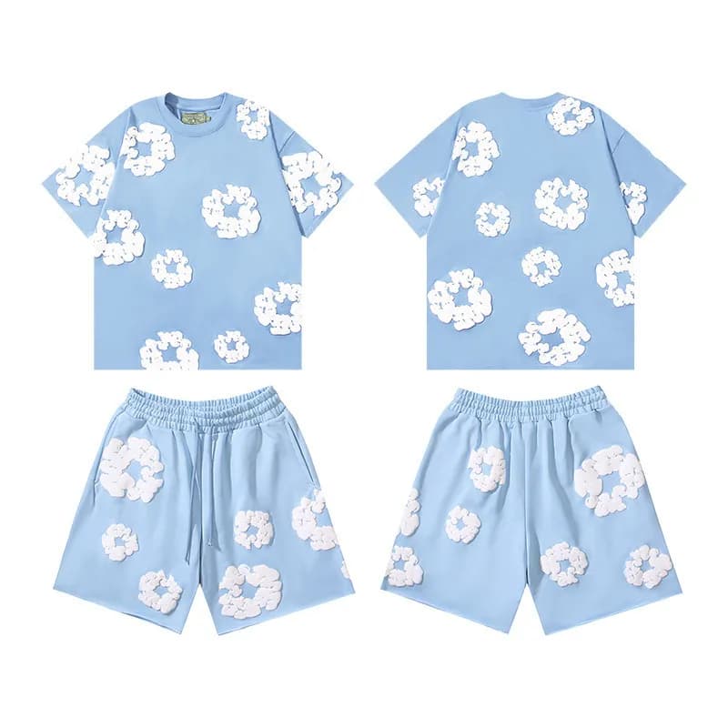 Balenciaga Floral-Embroidered Shorts Poppy Print — 天蓝发泡套装