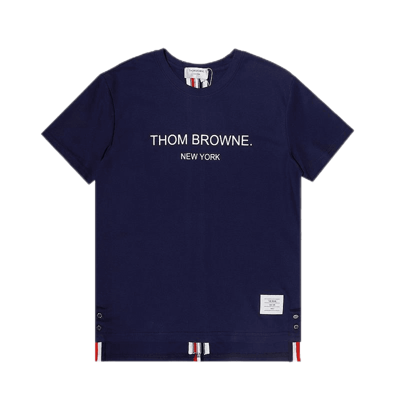 Thom Browne Logo T-Shirt Navy with White Logo and Stripe Trim