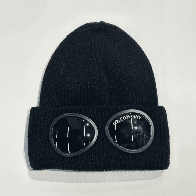 C.P. Company Goggle Beanie Black with Goggle Lens Detail