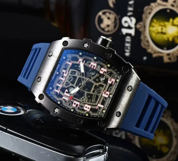 Richard Mille Square Skeleton Watch Blue Rubber Strap