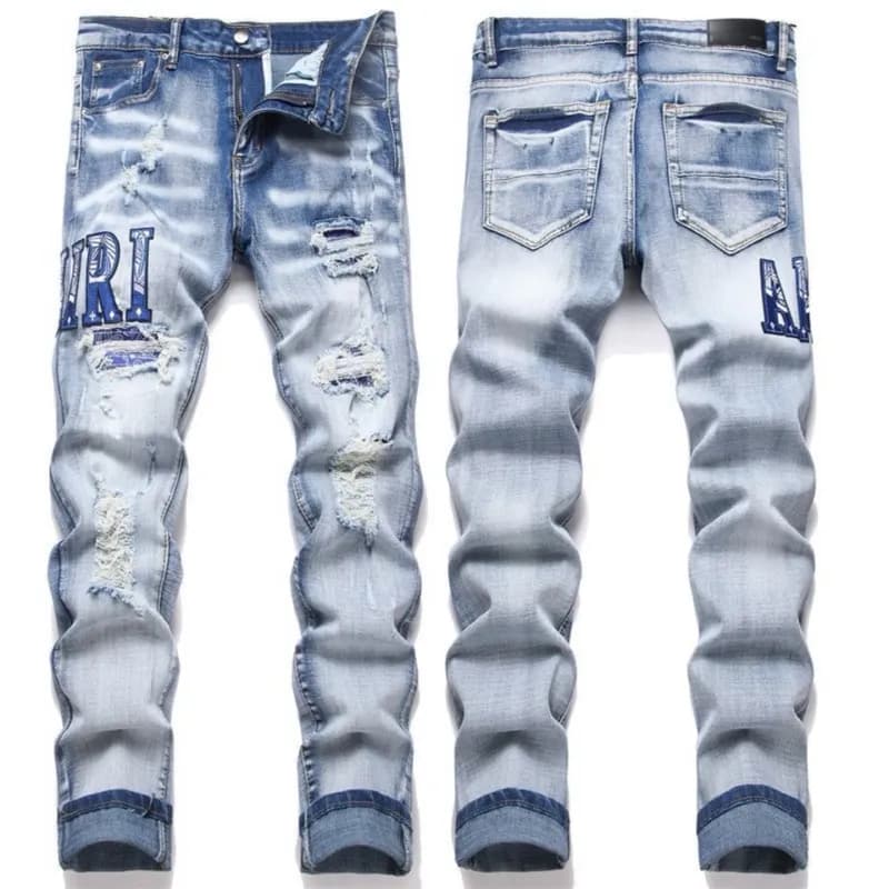 Distressed Slim Fit Jeans Amiri Logo Embroidery