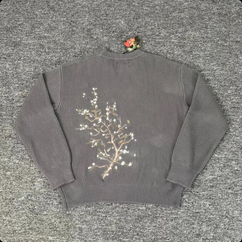 Ribbed Knit Sweater Cherry Blossom Embroidery