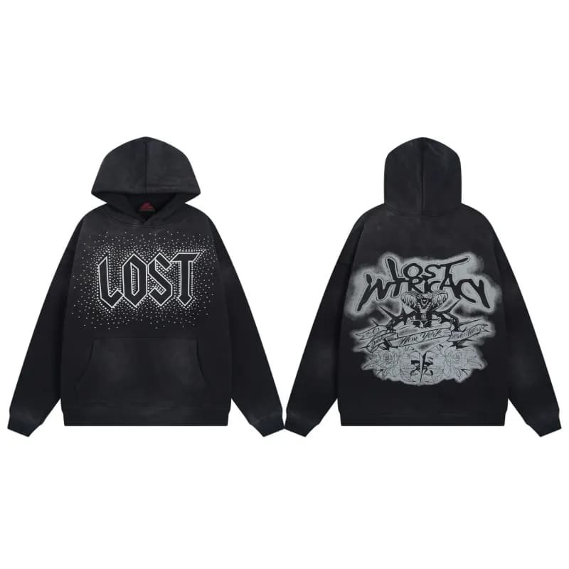 Zip-Up Hoodie Distressed 'LOST' Rhinestone — 112洗水黑
