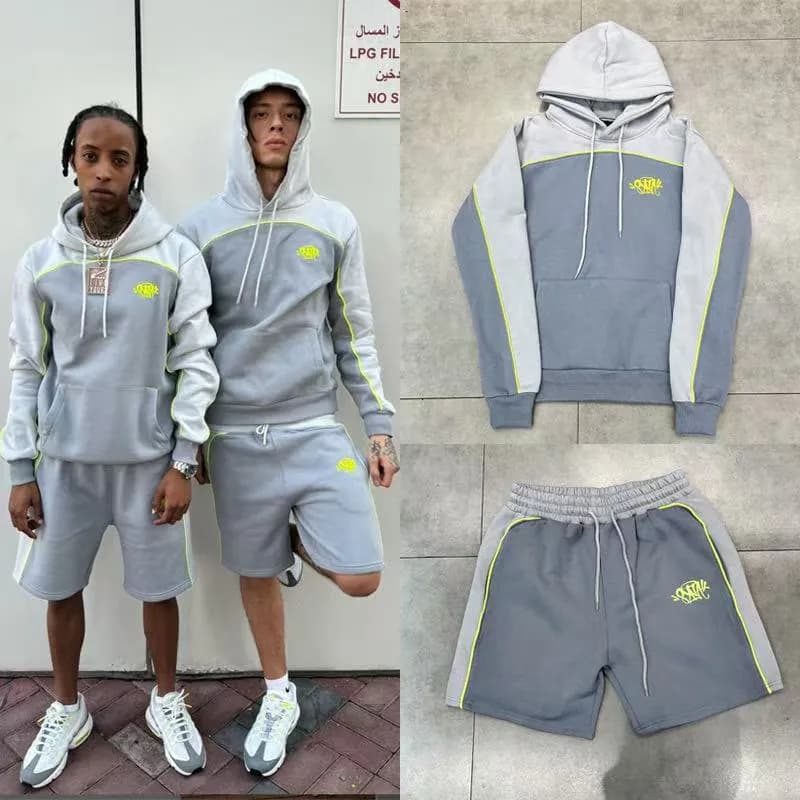 Corteiz Hoodie and Shorts Set Grey with Neon Yellow Trim