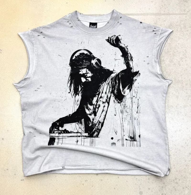 Saint Laurent Cut-Off Sleeve Tee DJ Graphic Print