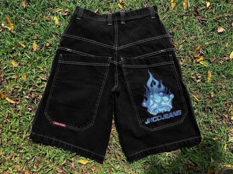 Denim Shorts Embroidered Bear — D08 black