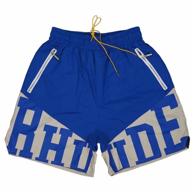 Rhude Logo Shorts Black White — 拼接蓝色