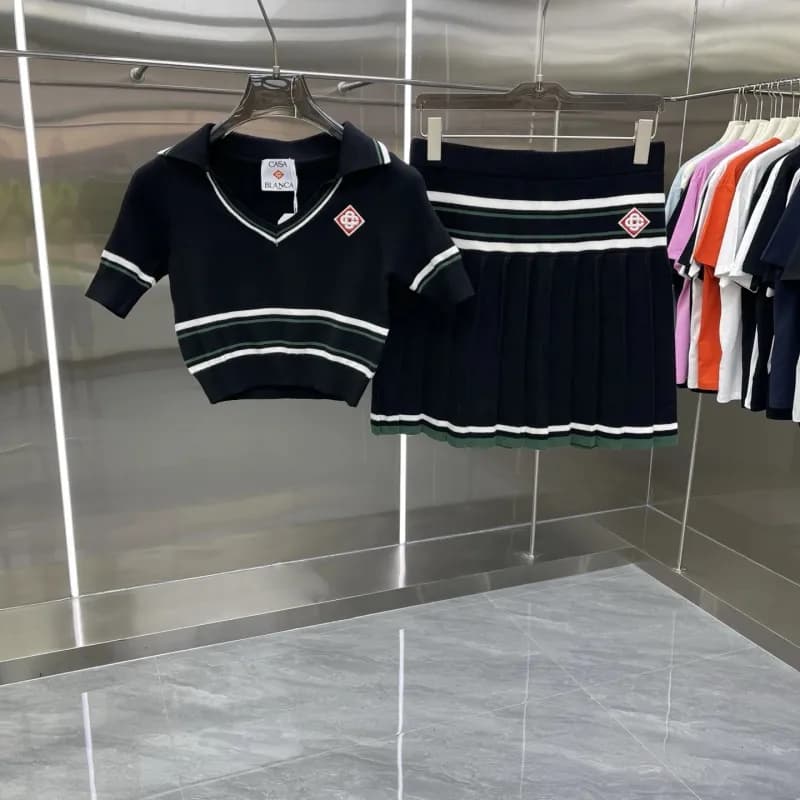 Knit Polo & Skirt Set Striped Tennis