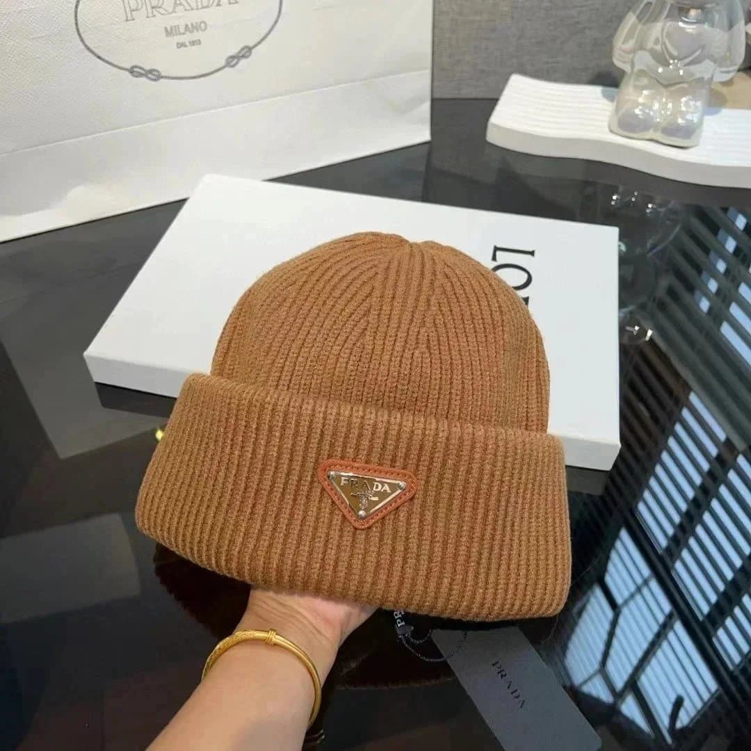 Prada Ribbed Beanie Triangle Logo