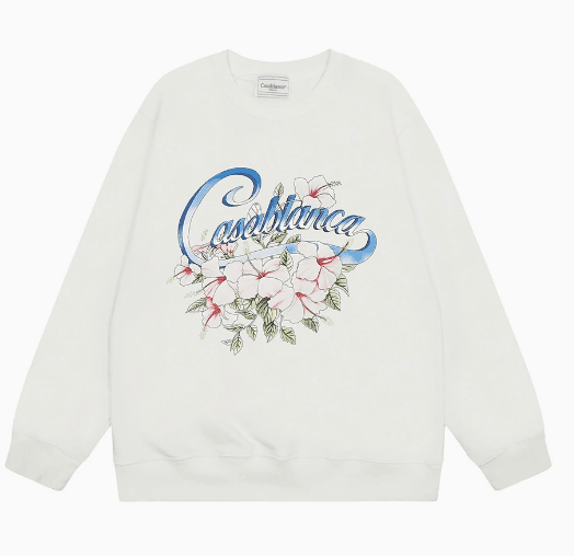 Floral Graphic Sweatshirt Casablanca Script with Hibiscus Print