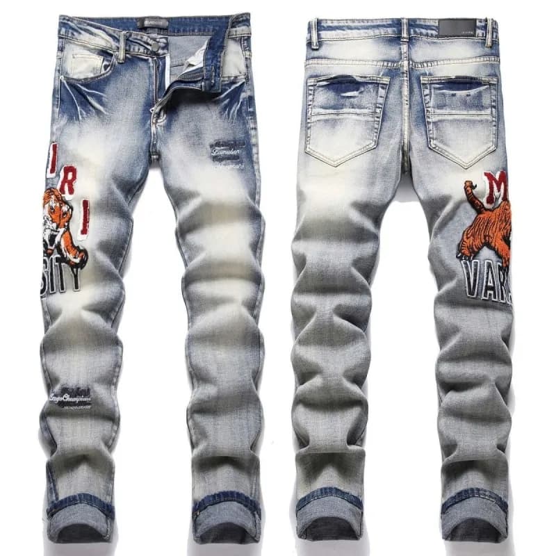 Kenzo Tiger Embroidered Jeans Distressed Wash