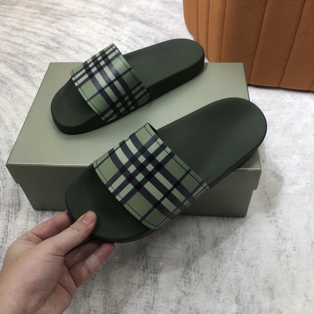 Burberry Check Slide Olive Green Check