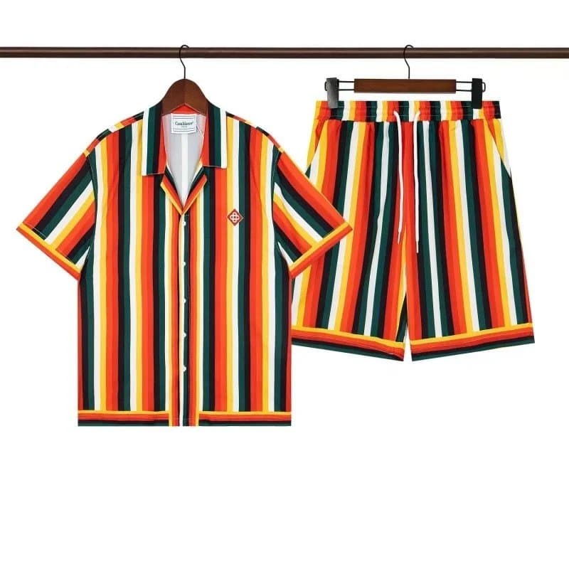 Casablanca Striped Camp Shirt and Shorts Set Multicolor Vertical Stripe