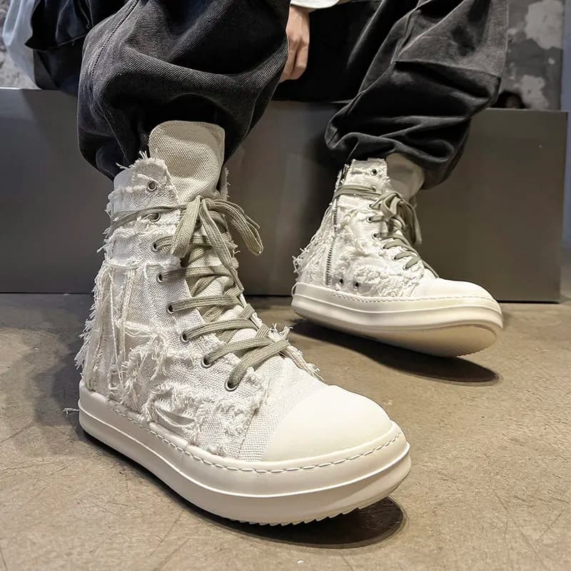 Rick Owens High-Top Sneaker Distressed Canvas