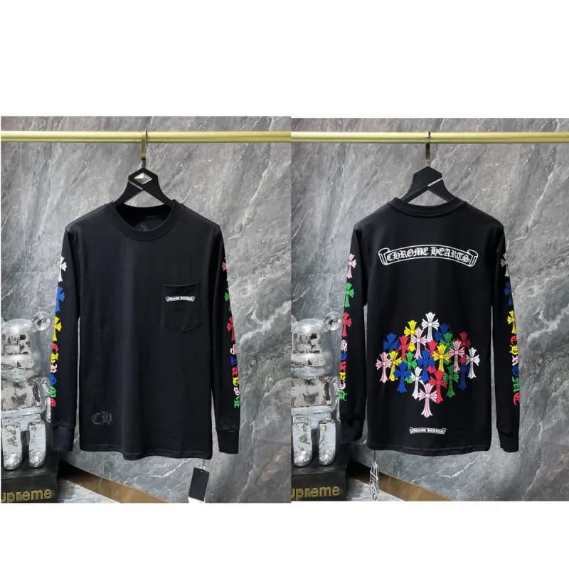 Chrome Hearts Long Sleeve Tee Pink Cross Logo — 8015黑色