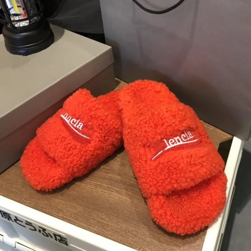 Balenciaga Shearling Slide Alencia Logo — 橙红色