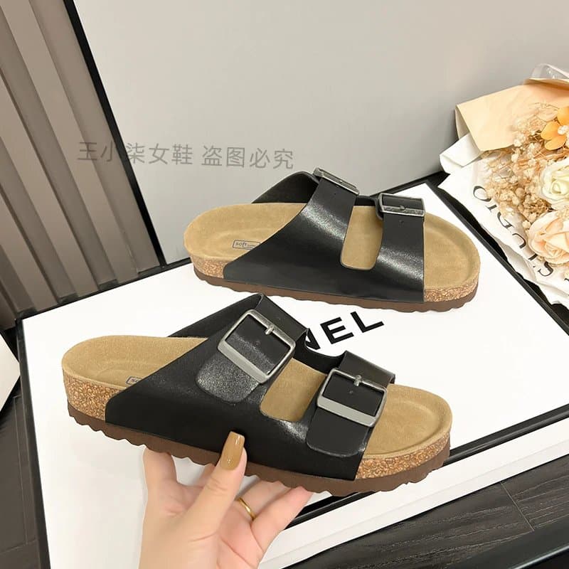 Birkenstock Double Strap Slide Pink Suede — 亮面黑(防水版)拍大一码更舒服