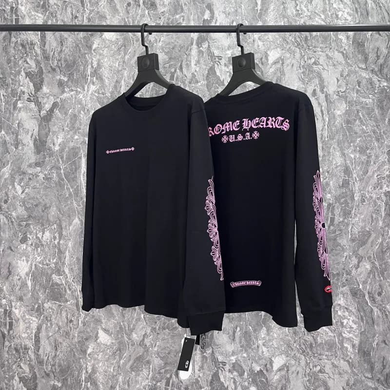 Chrome Hearts Long Sleeve Tee Pink Cross Logo — 8019 黑
