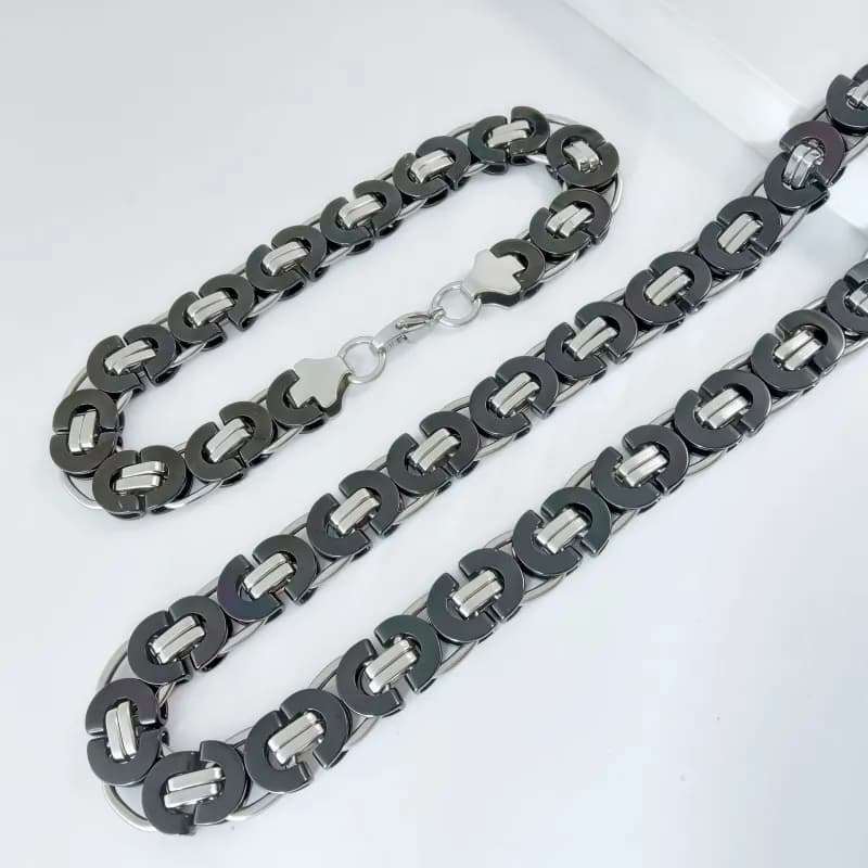 Chrome Hearts Link Chain Set Gold Tone — 11mm钢间黑色套装 手链23cm+项链55cm