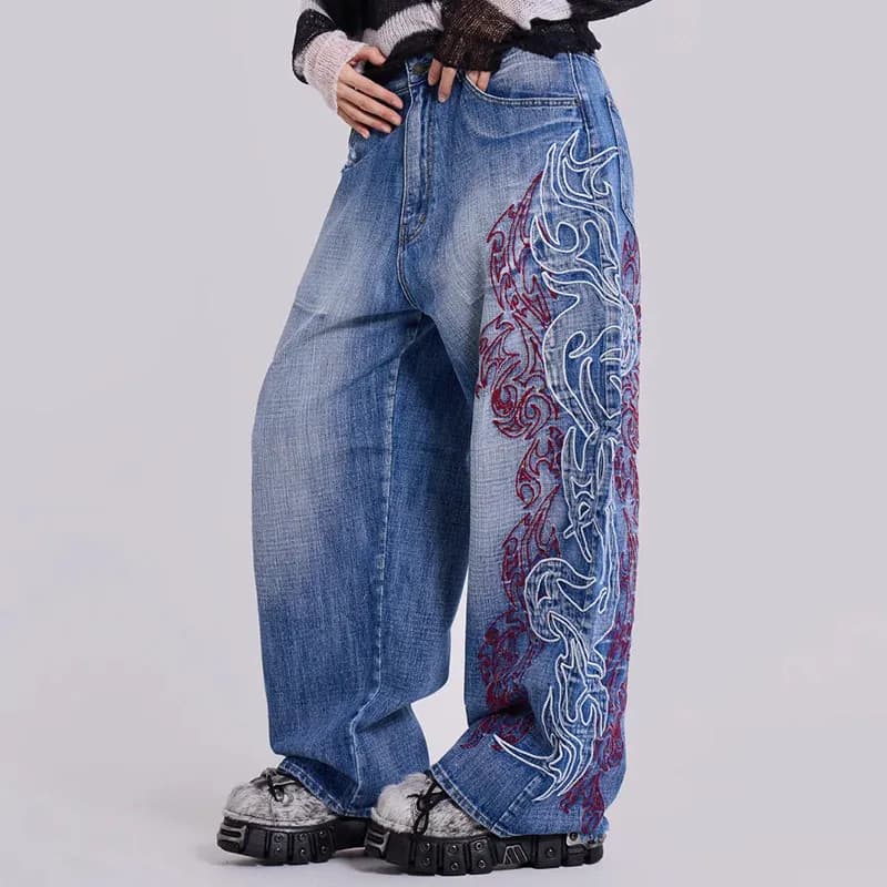 Wide-Leg Denim Dragon Embroidery