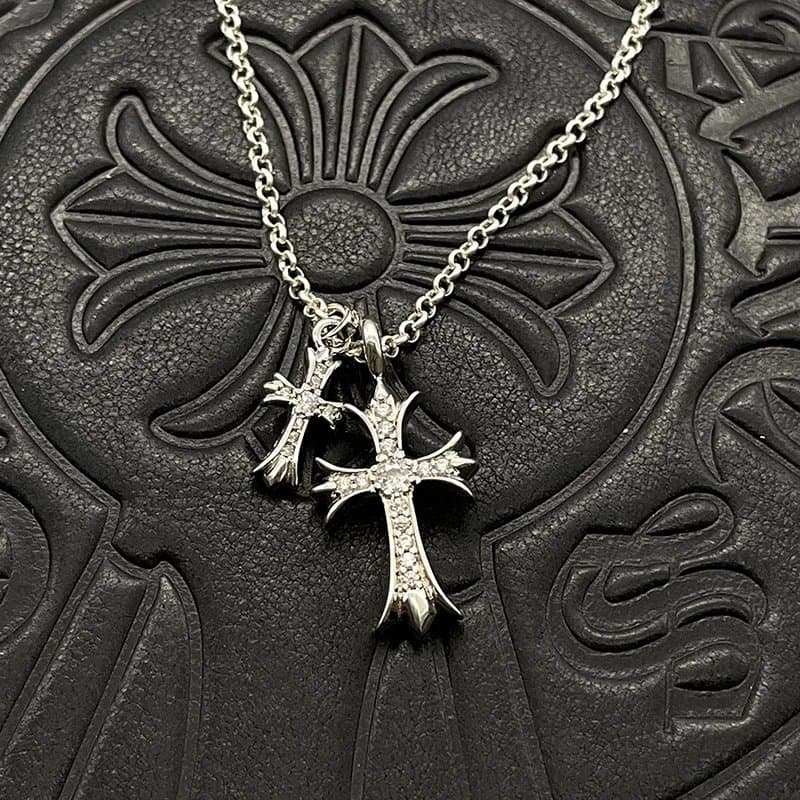 Chrome Hearts Cross Pendant Necklace Double Cross with Pave Crystals
