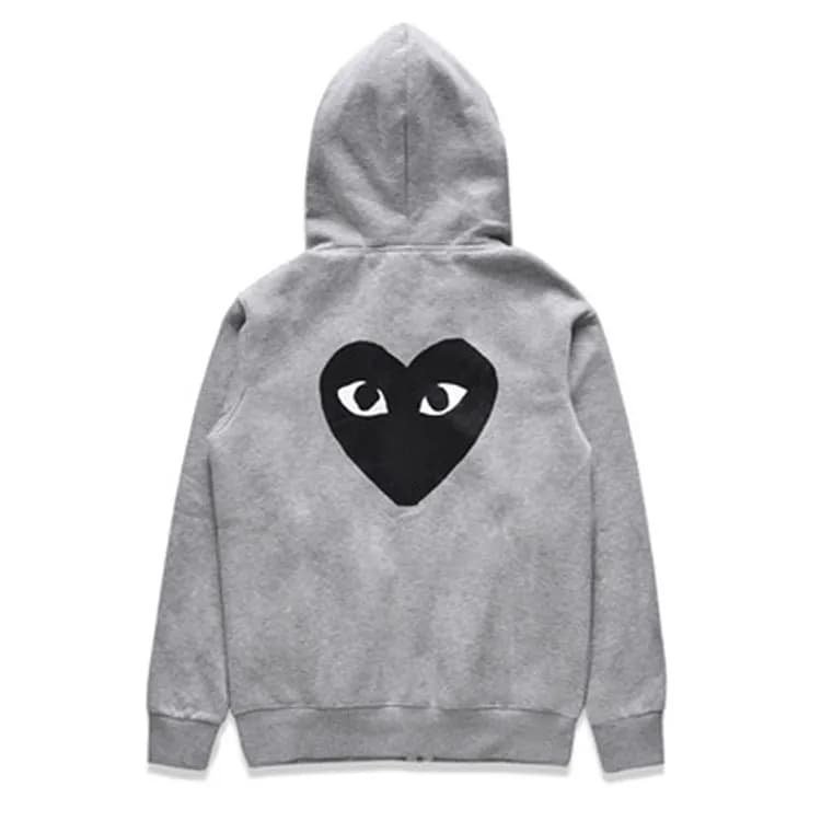 Comme des Garçons Zip-Up Hoodie Heart Logo — Big black heart on the back of terry gray cardigan