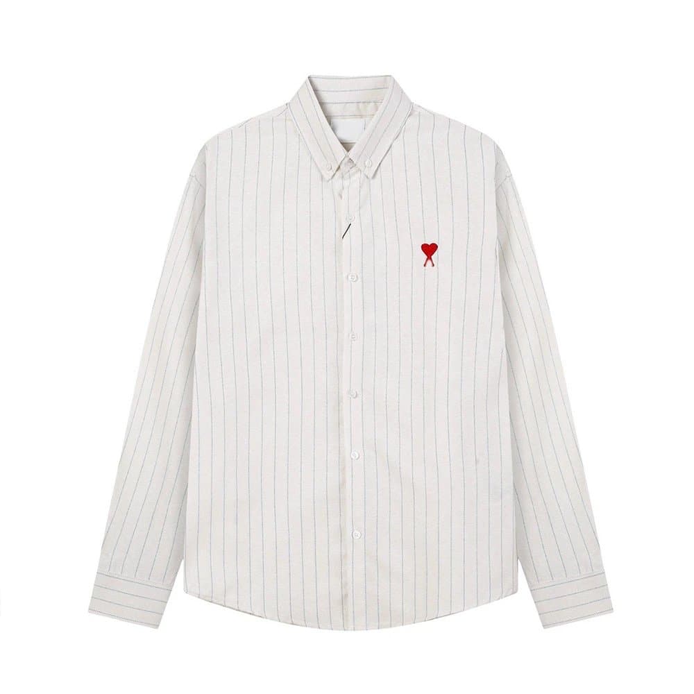 AMI Paris Button-Up Shirt Red Heart Logo — 2210蓝条纹
