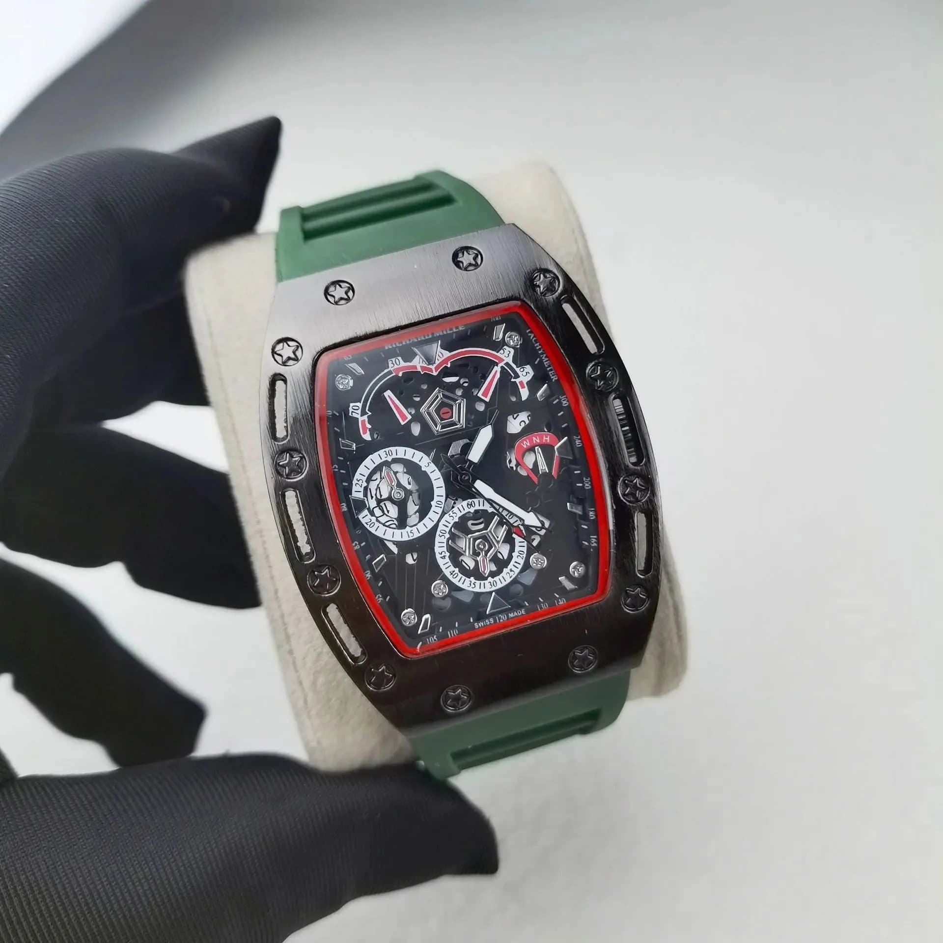 Richard Mille RM 011 Skeleton Dial with Red Rubber Strap — 理查德镂空黑壳硅胶绿
