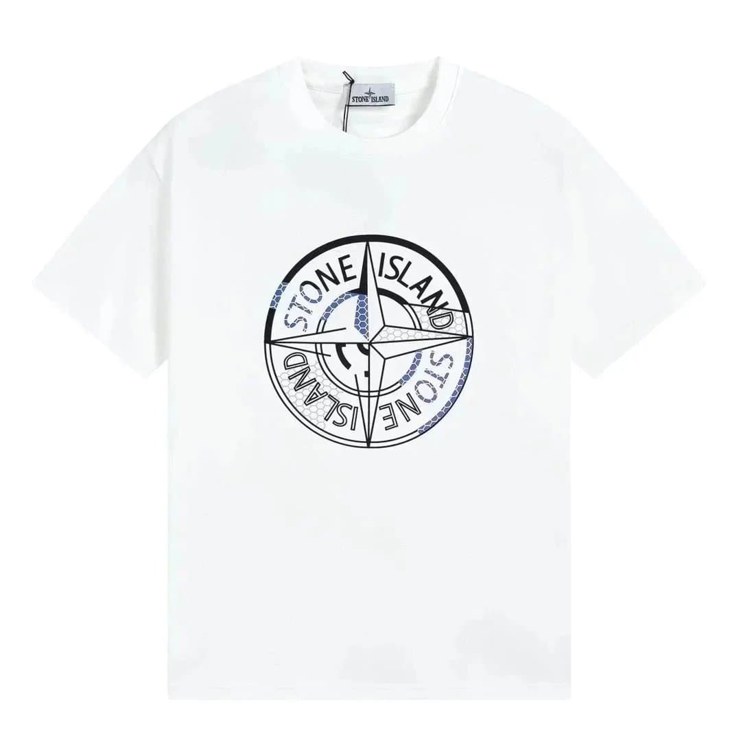 Stone Island Compass Logo T-Shirt White with Blue Hexagon Detail