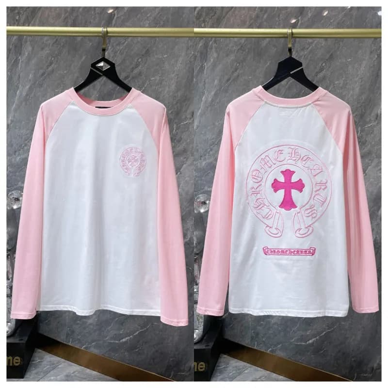 Chrome Hearts Long Sleeve Tee Pink Cross Logo — 9007粉白拼