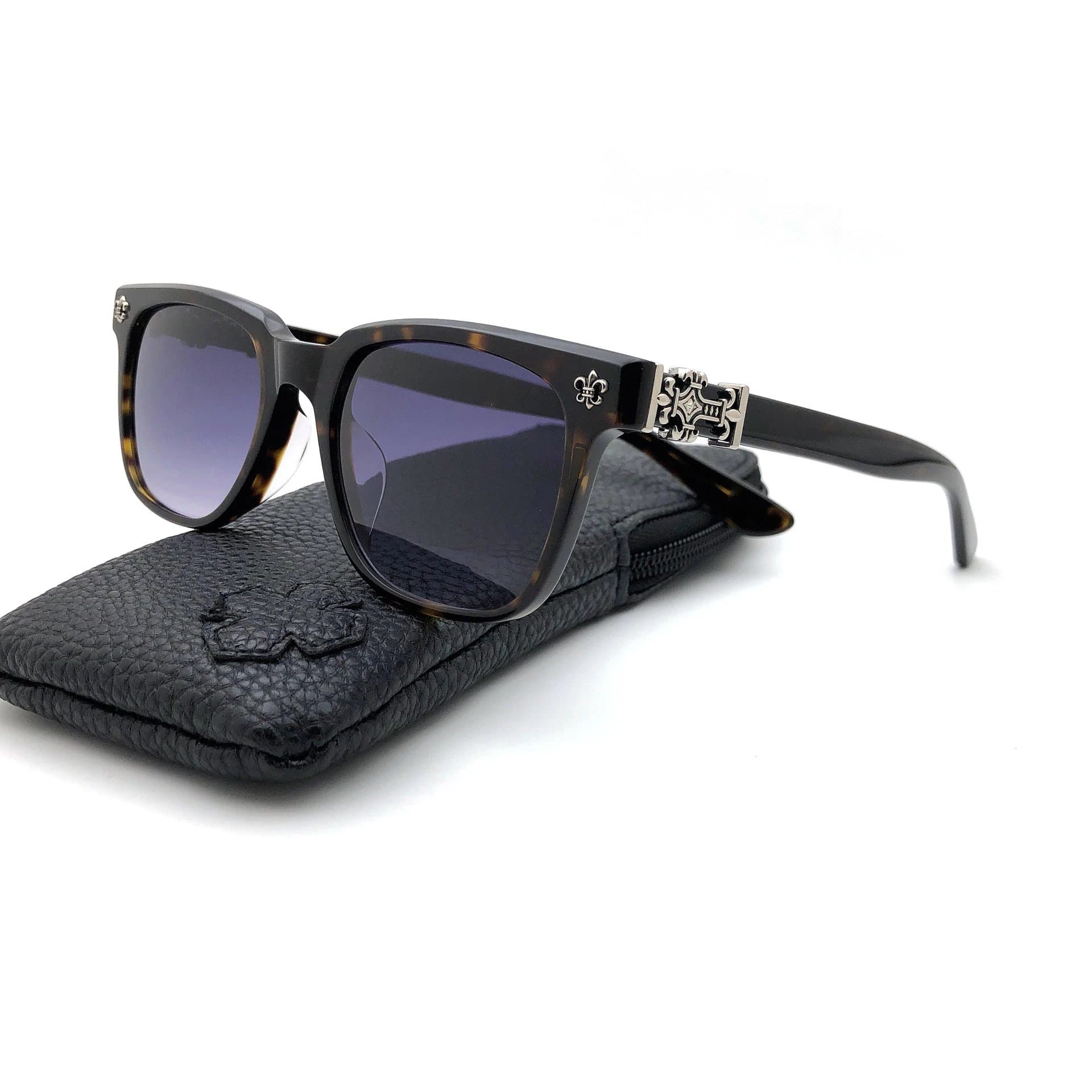Chrome Hearts Square Sunglasses Fleur-de-Lis Temple — 玳瑁银/蓝