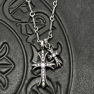 Chrome Hearts Double Cross Pendant Sterling Silver — CX085做旧淡紫钻(配麻花链)