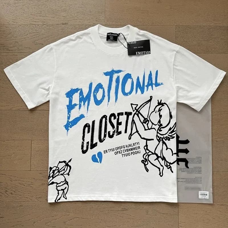 Mixed Emotion Graphic Tee Angel Print with Rhinestone 'Mixed Emotion' — 0001白蓝