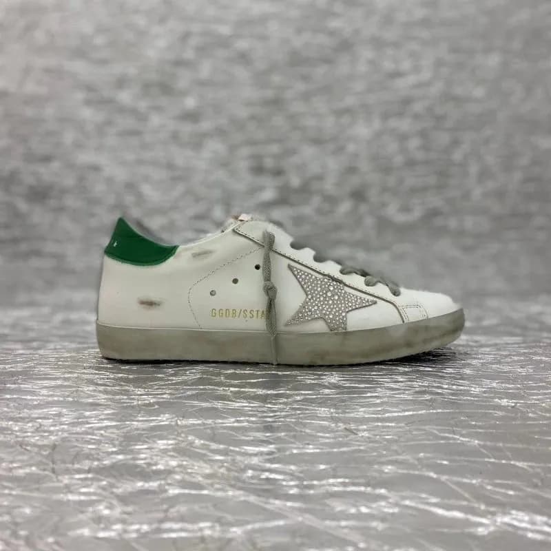 Golden Goose Superstar Distressed White with Green Heel Tab and Crystal Star