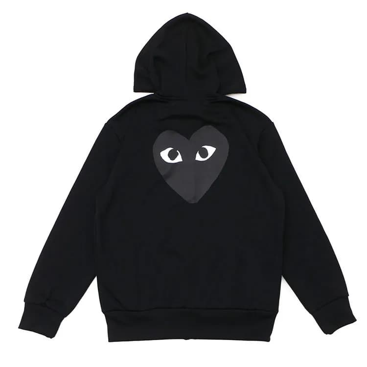 Comme des Garçons Zip-Up Hoodie Heart Logo — Black cardigan with velvet and big black heart on the back
