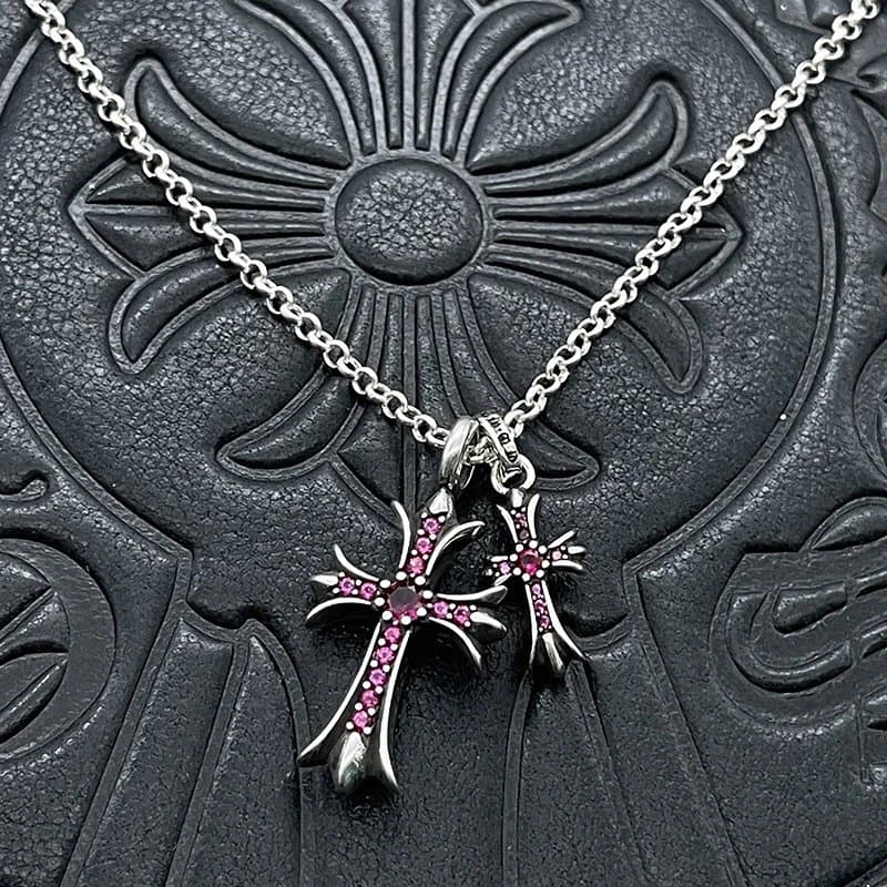 Chrome Hearts Double Cross Pendant Sterling Silver — CX085做旧粉钻 (配珍珠链)