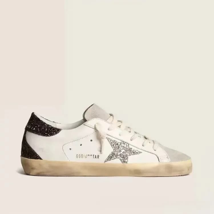 Golden Goose Superstar Distressed White with Navy Heel — 黑银亮片